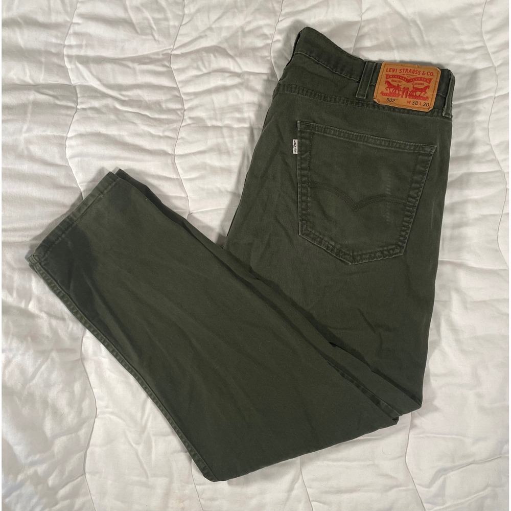 Levis 502 Regular Taper Pants Mens 38x30 Olive Green Tapered Leg Jeans